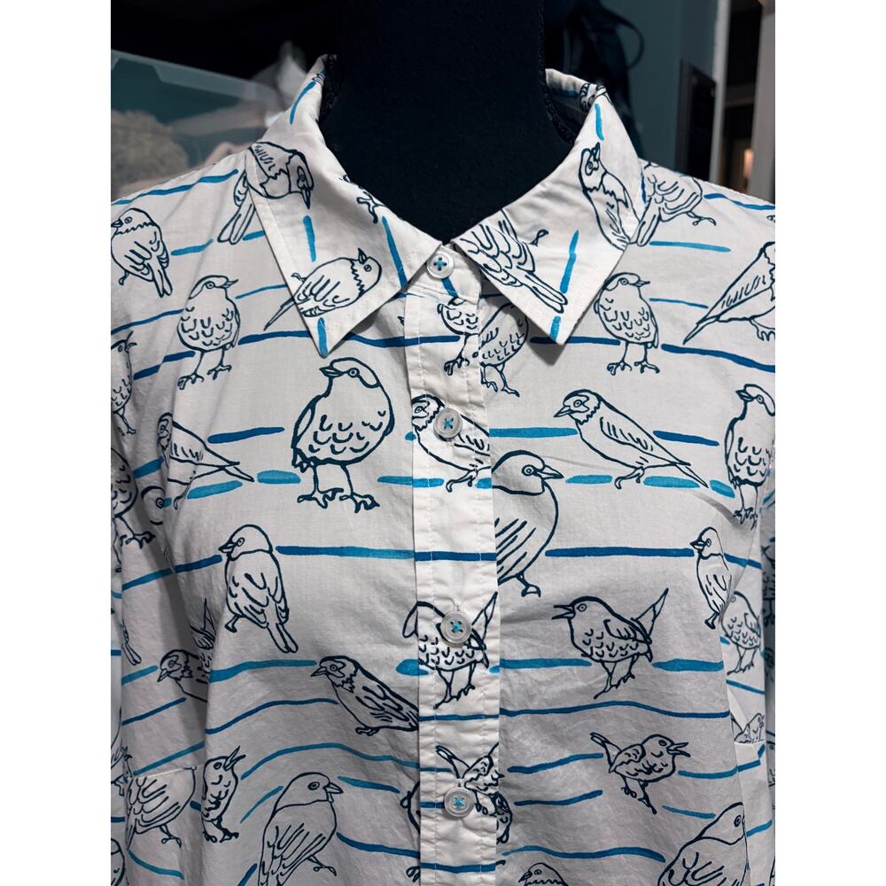 Talbots Plus 2X Bird Print Button Down Shirt Blue White Cotton Blouse - Picture 3 of 6